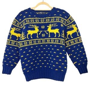 Vintage Ralph Lauren Sweater Mens S Blue Wool Hand Knit Reindeer Fair Isle